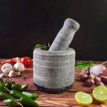 Kerala Traditional Ayurvedic Stone Mortar and Pestle with Rubber Base